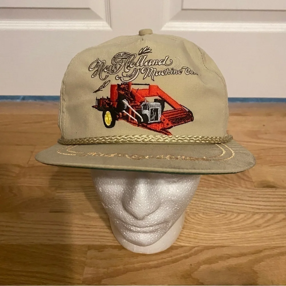 Vintage New Holland Hat Strap Back Red Combine Embroidered Label Rope Trucker